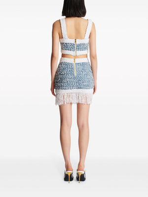 BALMAIN Stylish Blue and White Buttoned Skirt - SS24