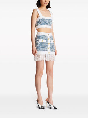 BALMAIN Stylish Blue and White Buttoned Skirt - SS24