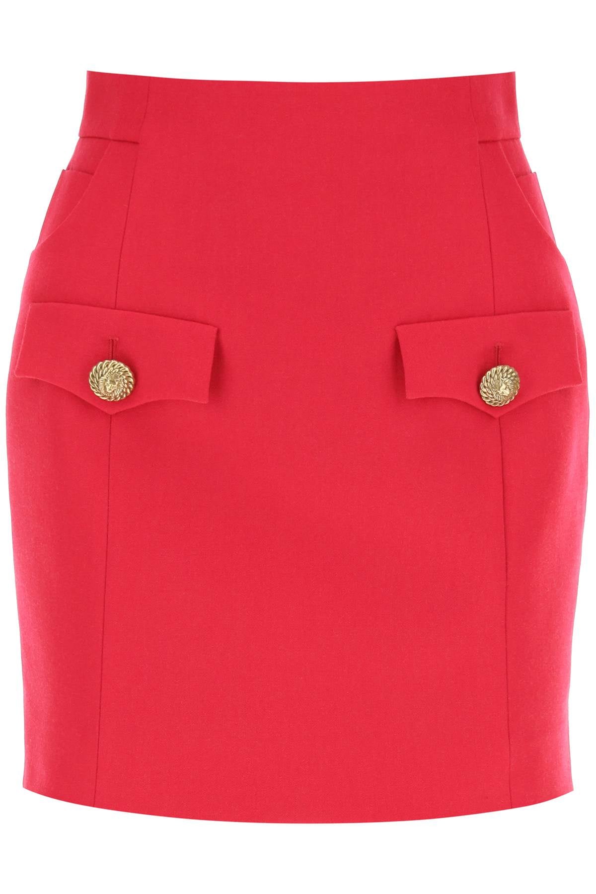 BALMAIN Fuchsia Mini Skirt with Gold Lion Button Accent