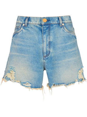 BALMAIN Distressed Denim Shorts - Vintage-Washed, Relaxed Fit, Embroidered Back