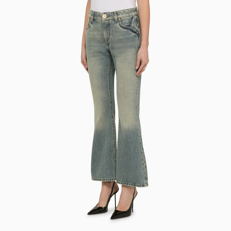 BALMAIN Blue Washed Cropped Denim Jeans - SS24 Collection