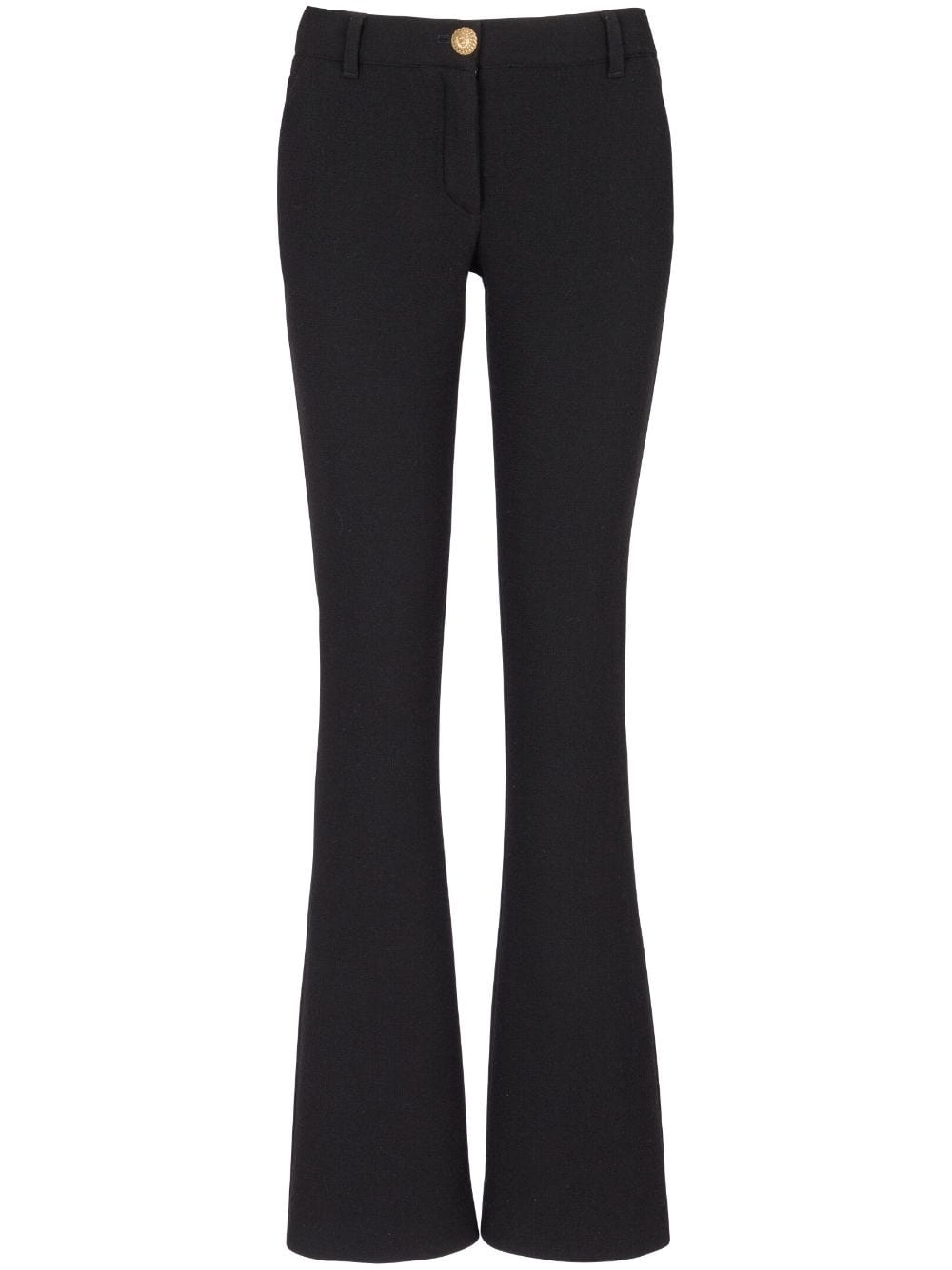 BALMAIN Chic & Timeless Black Flared Trousers in Luxurious Virgin Wool Crepe Texture