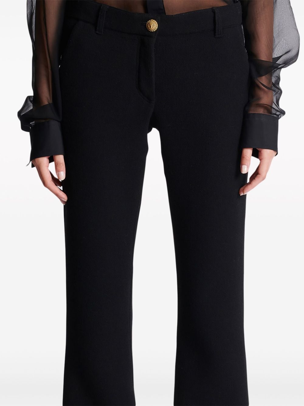 BALMAIN Chic & Timeless Black Flared Trousers in Luxurious Virgin Wool Crepe Texture