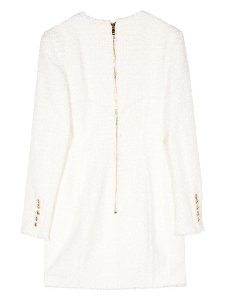 BALMAIN White Buttoned Tweed Short Dress for Women - SS24 Collection