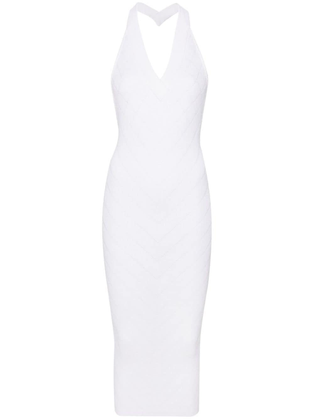 BALMAIN Elegant White Ribbed Midi Halter Dress