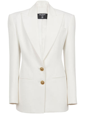 Structured White Creased Pleated Single-Breasted Jacket للنساء