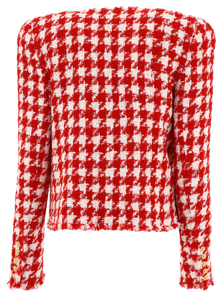 BALMAIN Houndstooth Tweed Jacket for Women - Red (SS24)