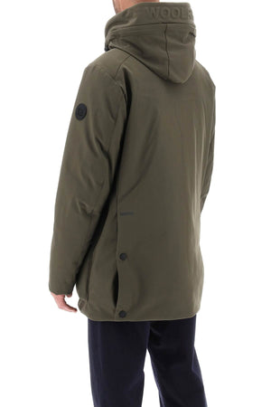 WOOLRICH Men's Green Padded Parka Jacket with Removable Hood and Adjustable Waistband in Soft Shell Fabric