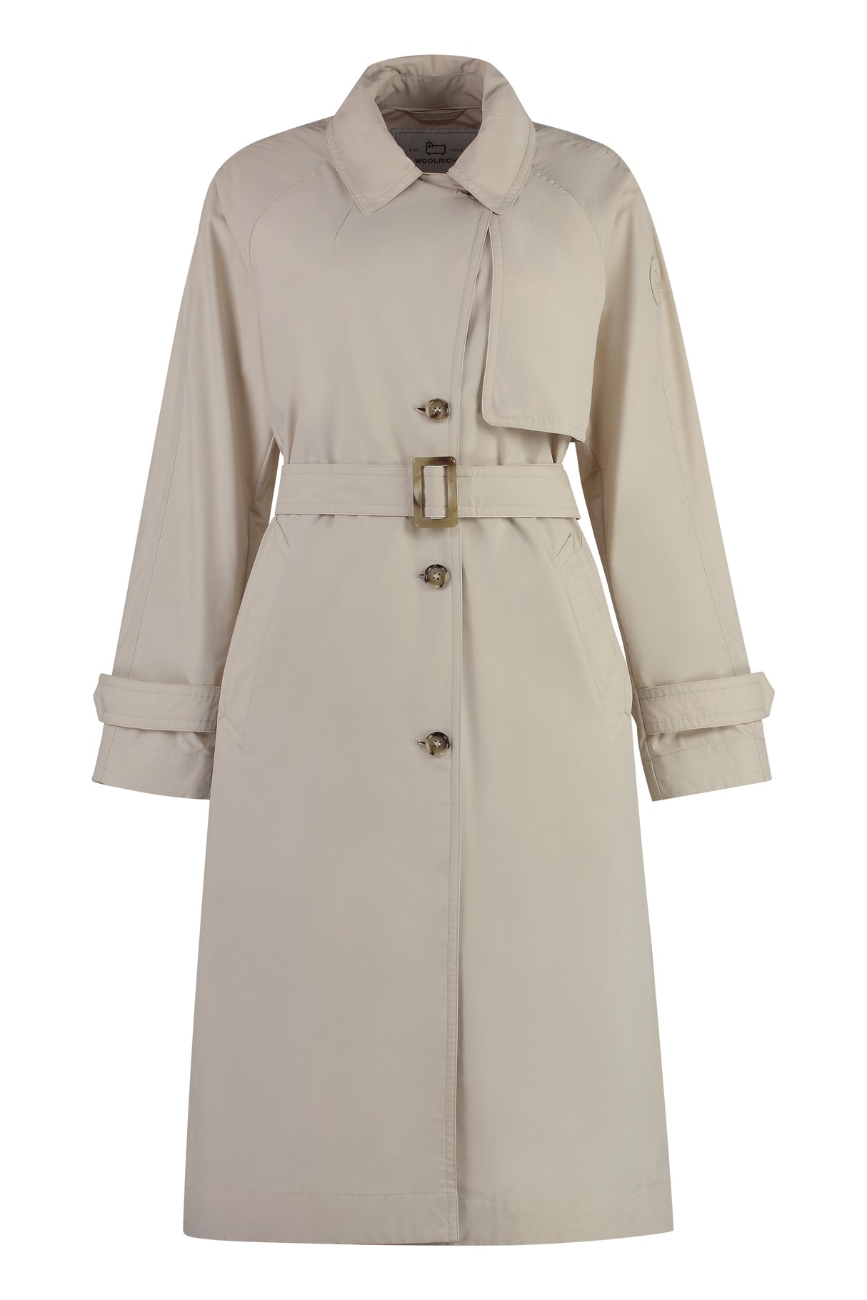 WOOLRICH Tan Trench Jacket for Women - Single-Breasted Design with Coordinated Belt and Side Slits