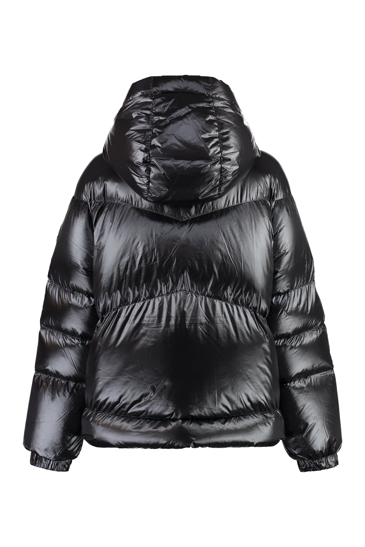 Women's Black Down Jacket: Logo Patch, Zippered Pockets, and Adjustable Drawstring Hem