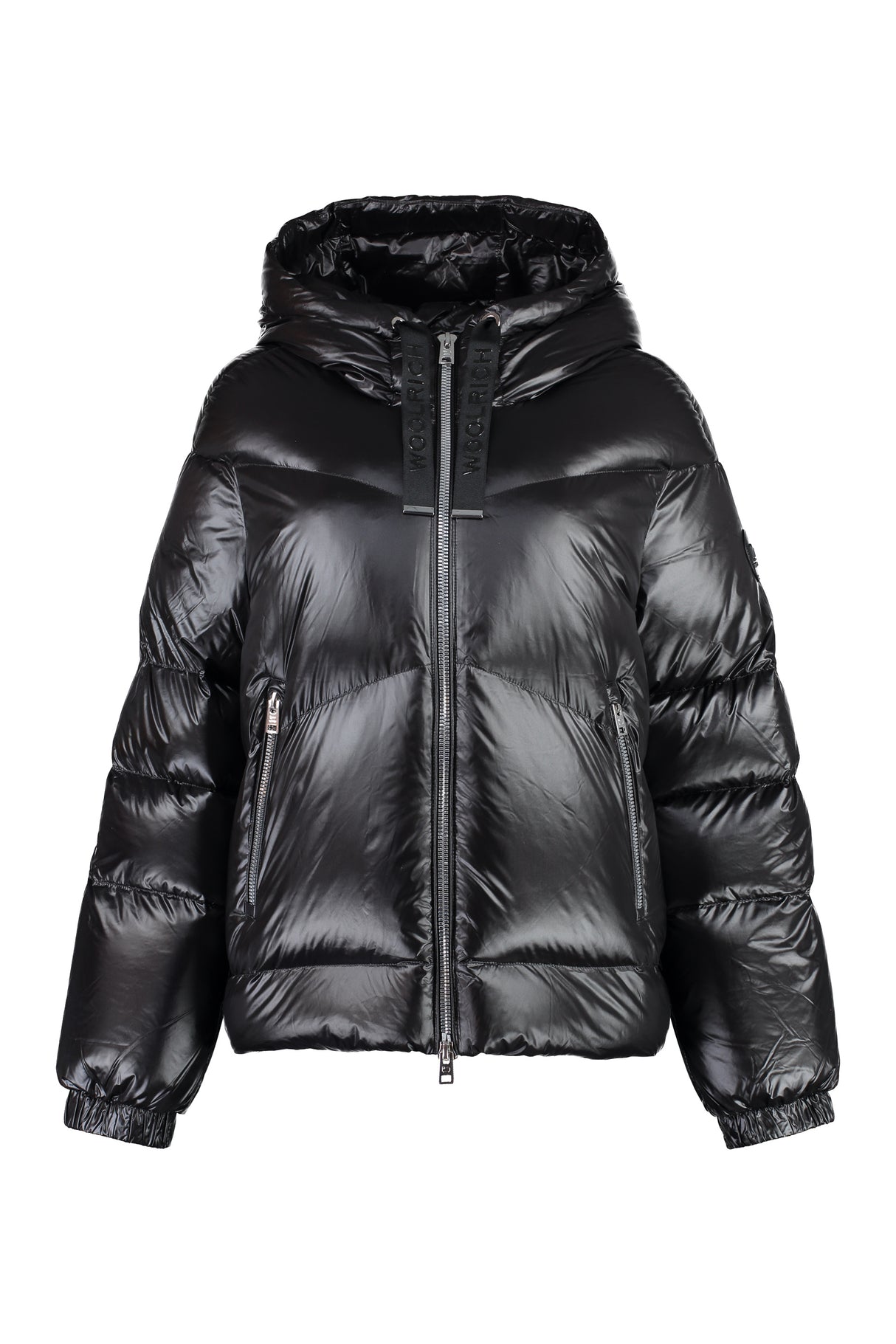 Women's Black Down Jacket: Logo Patch, Zippered Pockets, and Adjustable Drawstring Hem