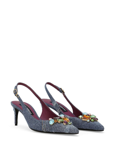 Indigo Blue Crystal-Embellished Denim Slingback Pumps for Women