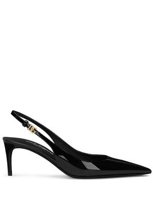 DOLCE & GABBANA Black Leather Pointed Toe Slingback Pumps with Gold-Tone Hardware