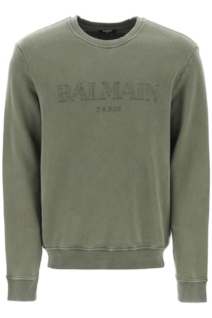 Organic Cotton Crewneck Sweatshirt with Vintage Balmain Logo in Green for Men
