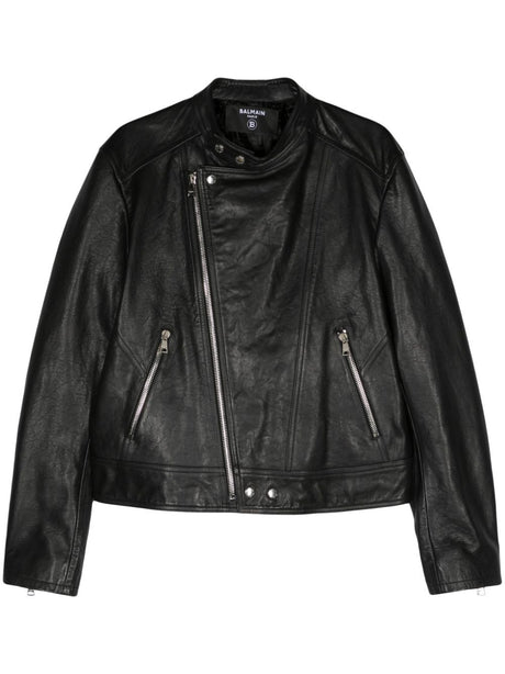 BALMAIN Zipped Calfskin Biker Jacket for Men - SS24