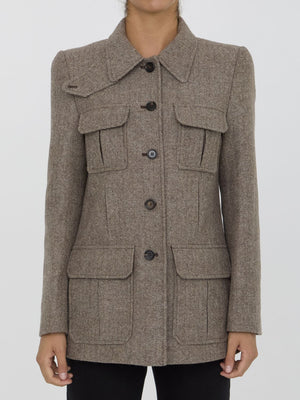 CHLOÉ Long Herringbone Wool Officer Jacket