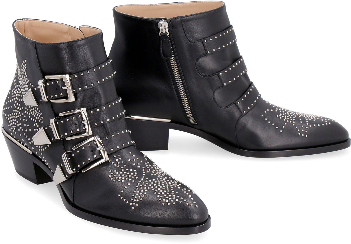 Almond-shaped Toe Studded Leather Ankle Boots - Black, Women's Shoes