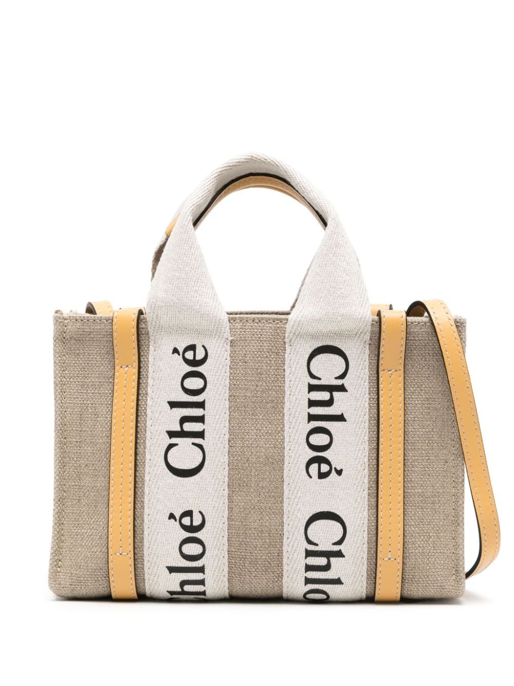 CHLOÉ Mini Almond Beige Linen Tote with Leather Trim and Logo Accents