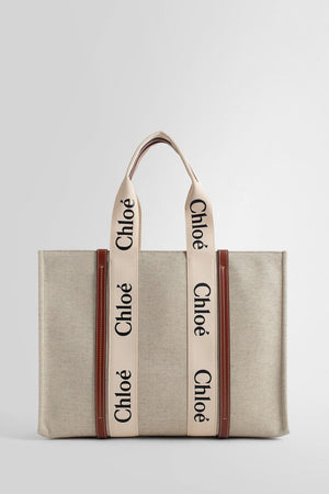 Beige and White Canvas Shopping Handbag for Women