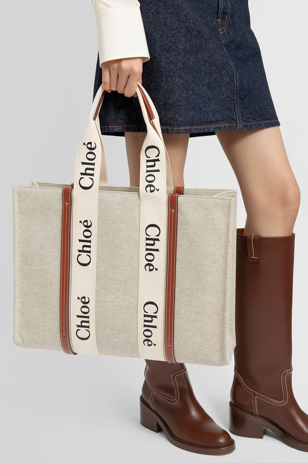 CHLOÉ Large Woody Canvas Tote in Beige with Blue Leather Accents and Logo Ribbon Detail