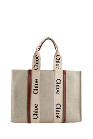 CHLOÉ Large Woody Canvas Tote in Beige with Blue Leather Accents and Logo Ribbon Detail