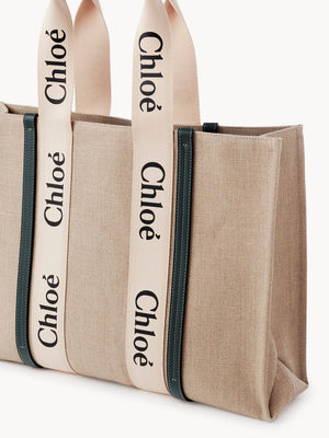 CHLOÉ Large Woody Canvas Tote in Beige with Blue Leather Accents and Logo Ribbon Detail