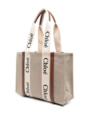 CHLOÉ Woody Medium Tote Handbag in Beige Linen and Leather