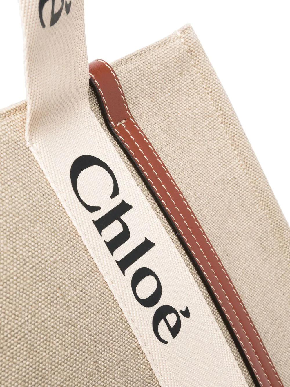 CHLOÉ Woody Medium Tote Handbag in Beige Linen and Leather