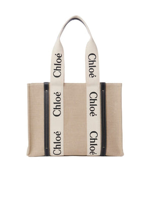 CHLOÉ Medium Woody Linen Tote Bag in WhiteBlue for Women