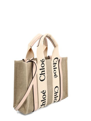 CHLOÉ Beige Linen and Leather Mini Woody Tote - 25x19x8 cm