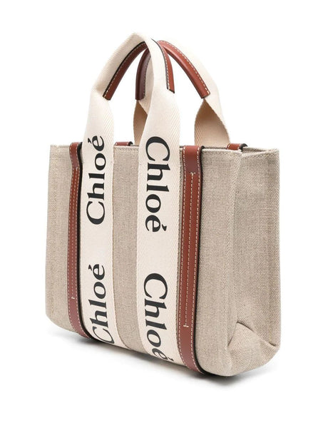 CHLOÉ Small Woody Linen Tote in Brown for Women