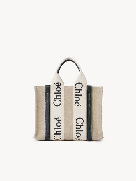 CHLOÉ Small Woody Mini Linen Tote Bag in White and Blue for Women