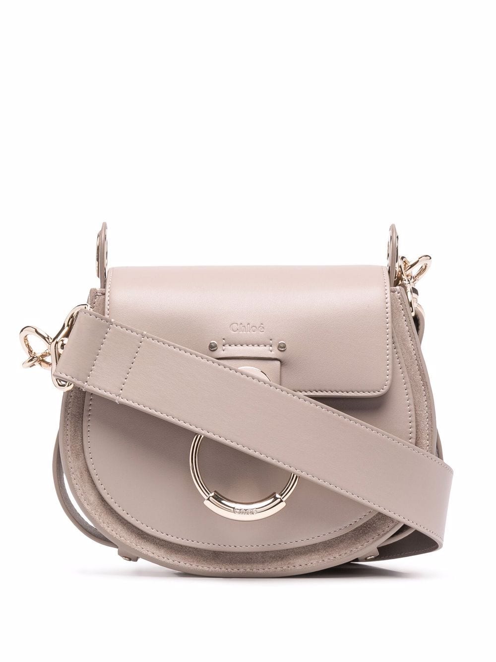 CHLOÉ Stone Grey Small Tess Leather Crossbody Bag with Ring Detail and Detachable Strap