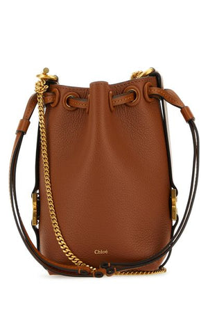 Drawstring Leather Bucket Handbag with Chain Strap and Gold-Tone Hardware