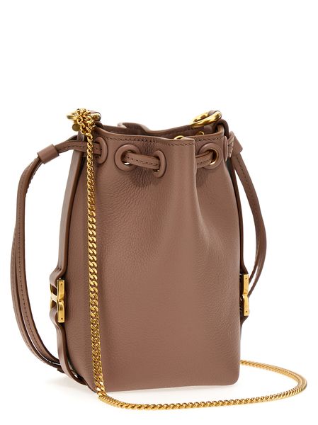 Drawstring Leather Bucket Handbag with Chain Strap and Gold-Tone Hardware