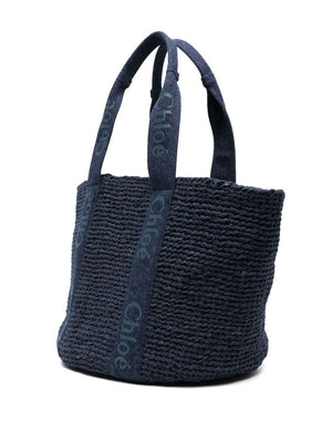 CHLOÉ Navy Blue Large Cotton Denim Tote Handbag for Women