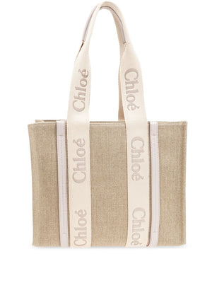 CHLOÉ WOODY MEDIUM CANVAS AND LEATHER Tote Handbag Handbag