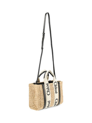 CHLOÉ Tan Woody Small Straw Tote Bag with Strap for Women SS24