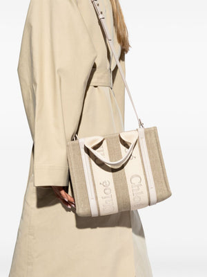 CHLOÉ WOODY SMALL CANVAS AND LEATHER Tote Handbag Handbag