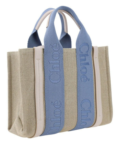 CHLOÉ Small Woody Linen Tote Bag in Washed Blue for Women