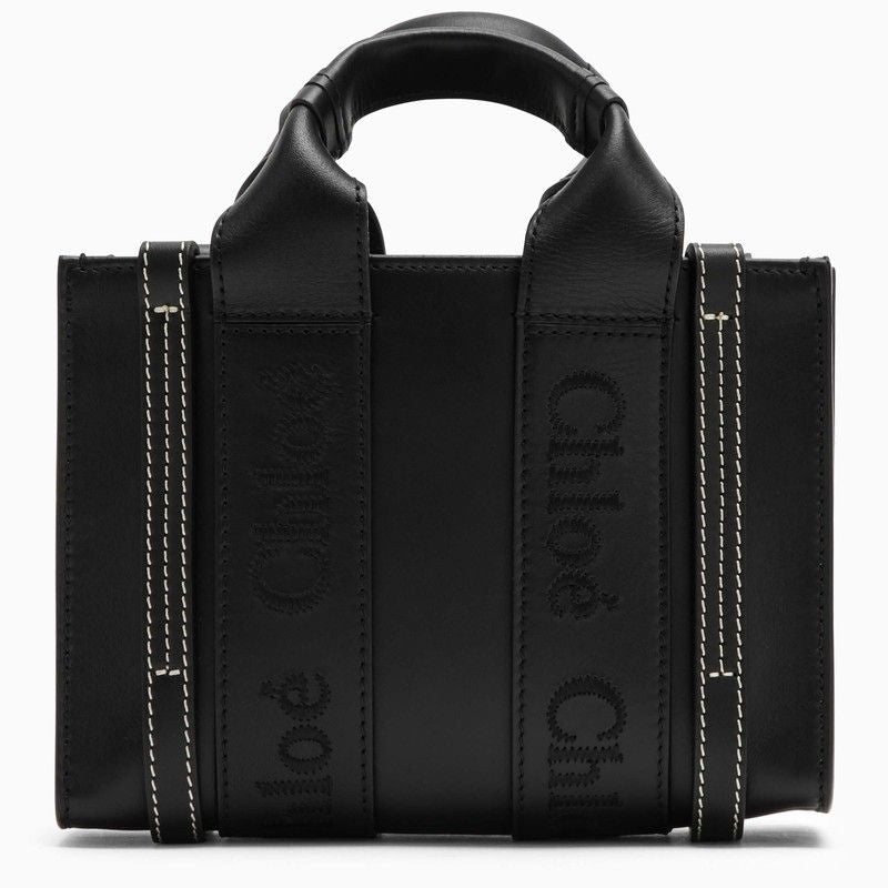 CHLOÉ Black Leather Mini Tote Bag with Logo Ribbon Detail for Women