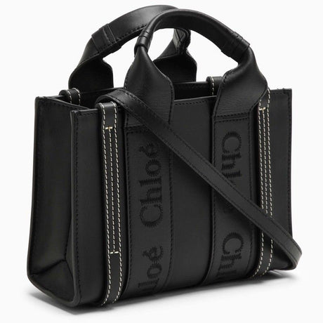 CHLOÉ Black Leather Mini Tote Bag with Logo Ribbon Detail for Women