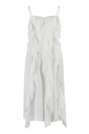 فستان رامي أبيض بحمالات رفيعة وتفاصيل مطوية للنساء