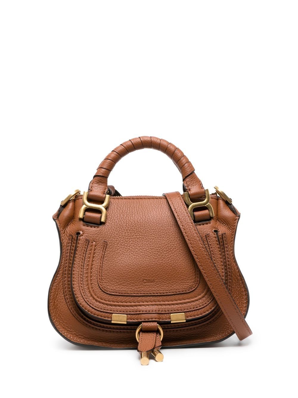 CHLOÉ Mini Marcie Textured Leather Tote with Gold Accents and Detachable Strap, Sepia Brown