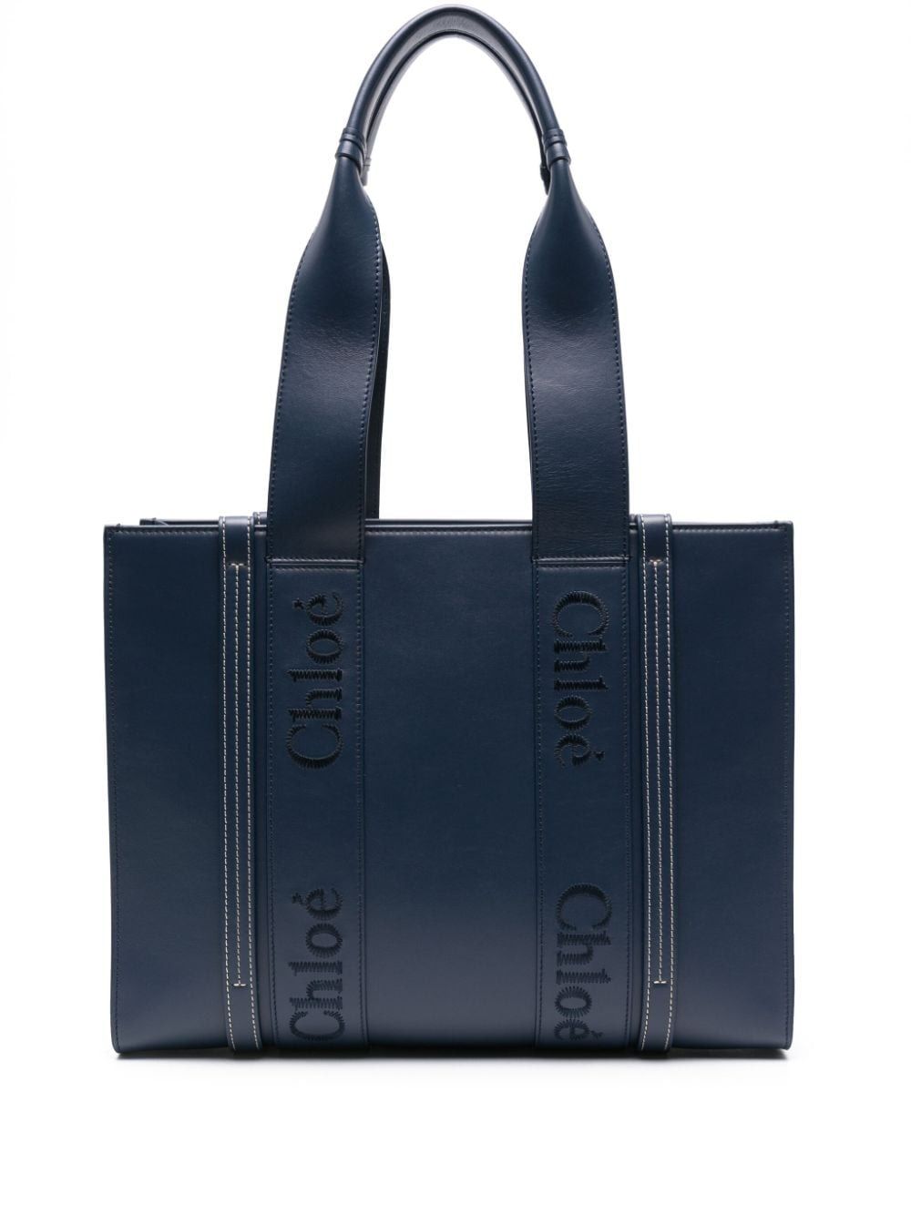CHLOÉ Navy Leather Woody Medium Tote Handbag for Women