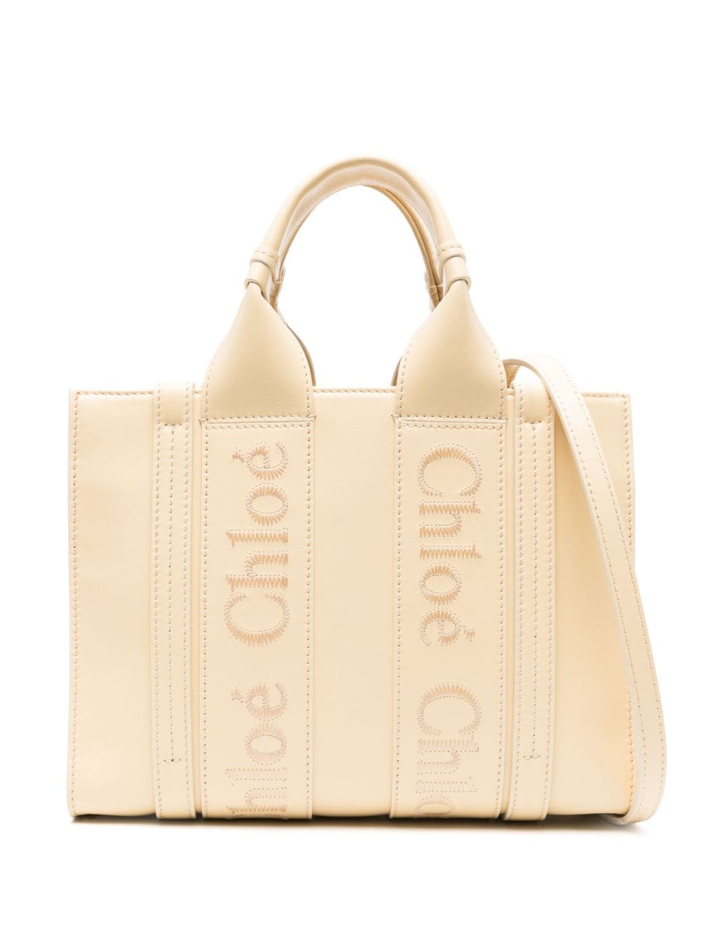 CHLOÉ Pastel Yellow Leather Embroidered Logo Tote with Gold-Tone Hardware and Detachable Shoulder Strap