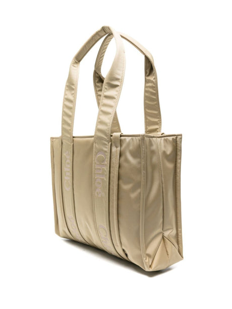 CHLOÉ Tan Embroidered Logo Medium Tote Handbag with Open Top and Internal Slip Pocket