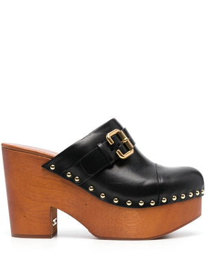 CHLOÉ High Wedge Leather Clogs with Buckle Strap