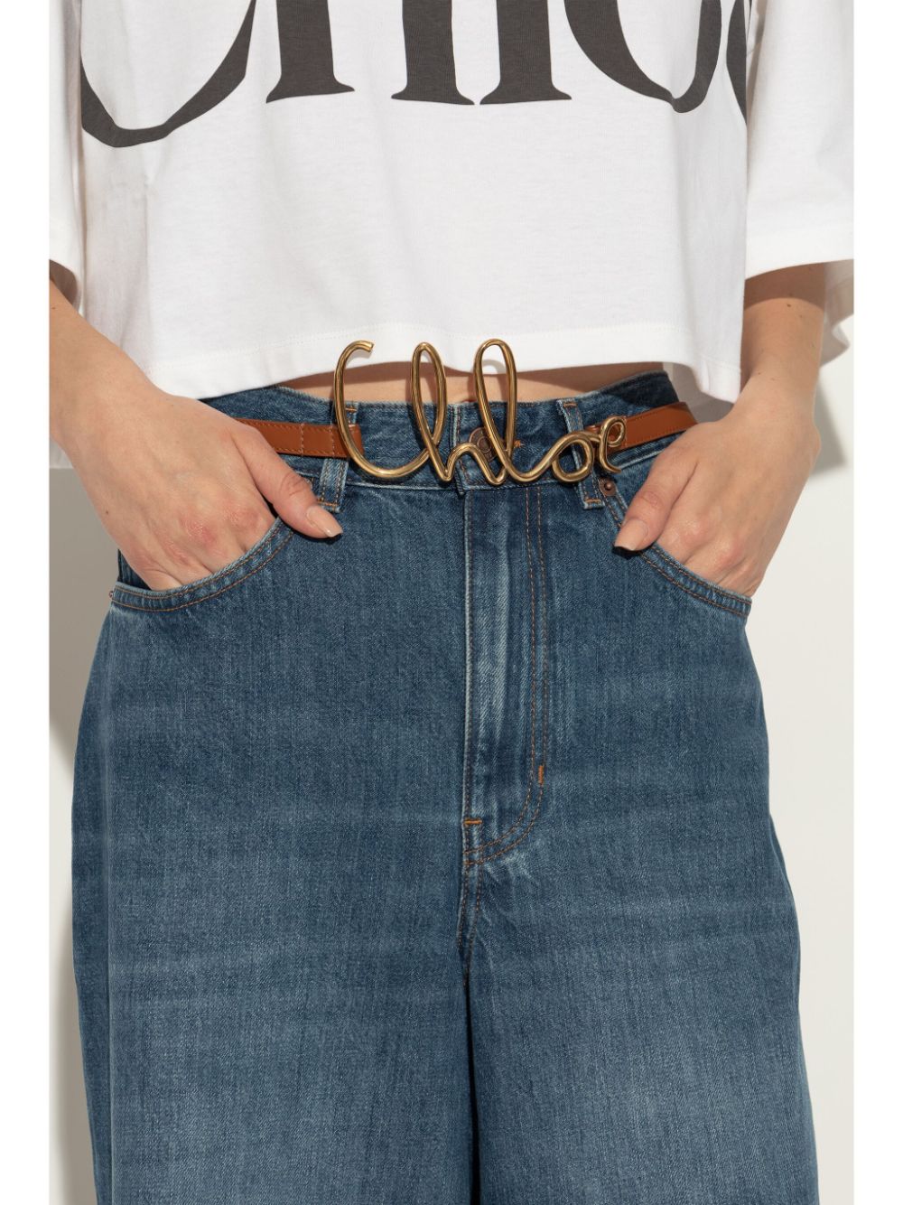 CHLOÉ Iconic Leather Belt with Brass Logo Buckle