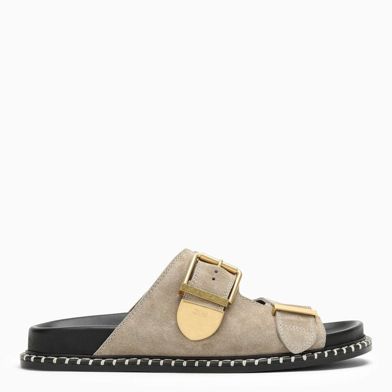 CHLOÉ Gray Calfskin Women's Sabots with Oversized Logo Buckle and Gold Details